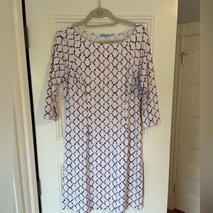 White Pink and Navy Patterned Boat Neck Dress